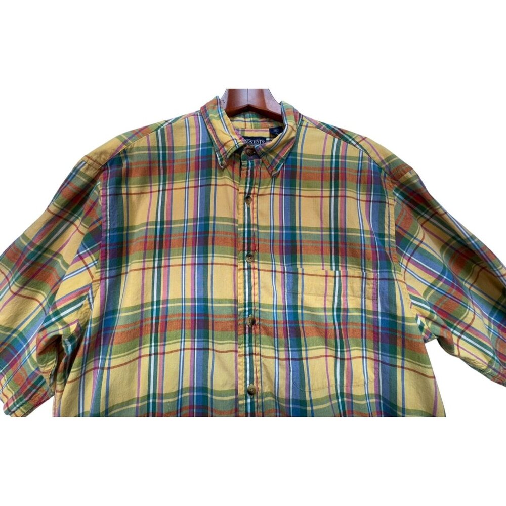 Lands' End Mens Plaid Short Sleeve Shirt Size L Tall Yellow Blue - Picture 4 of 13